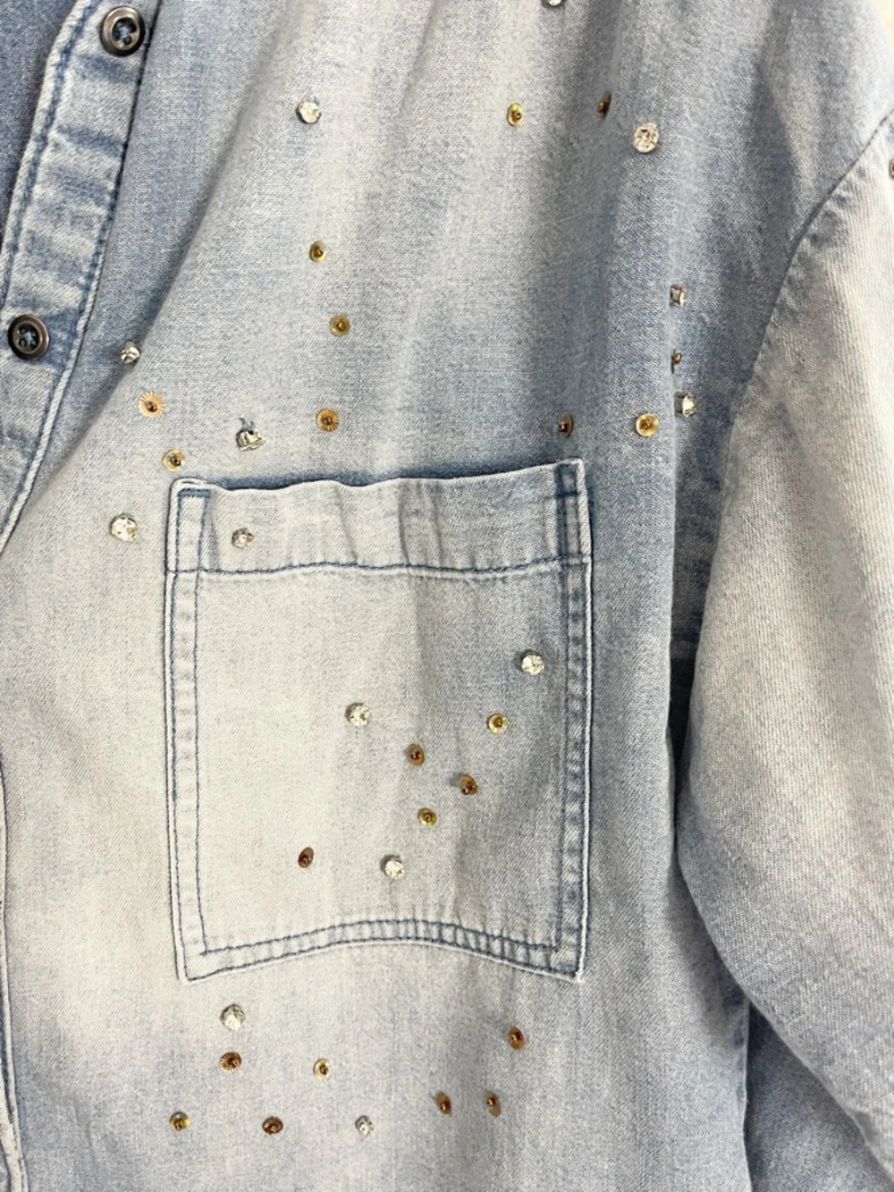 Anthropologie Pilcro Bo Boyfriend Buttondown Blue Denim Crystal Studded Shirt - Picture 6 of 7